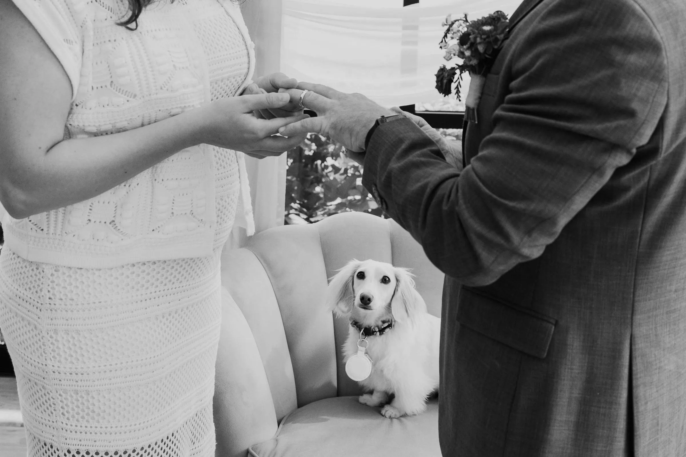 Zwart-wit foto van het omdoen van de ringen, met de hond erbij