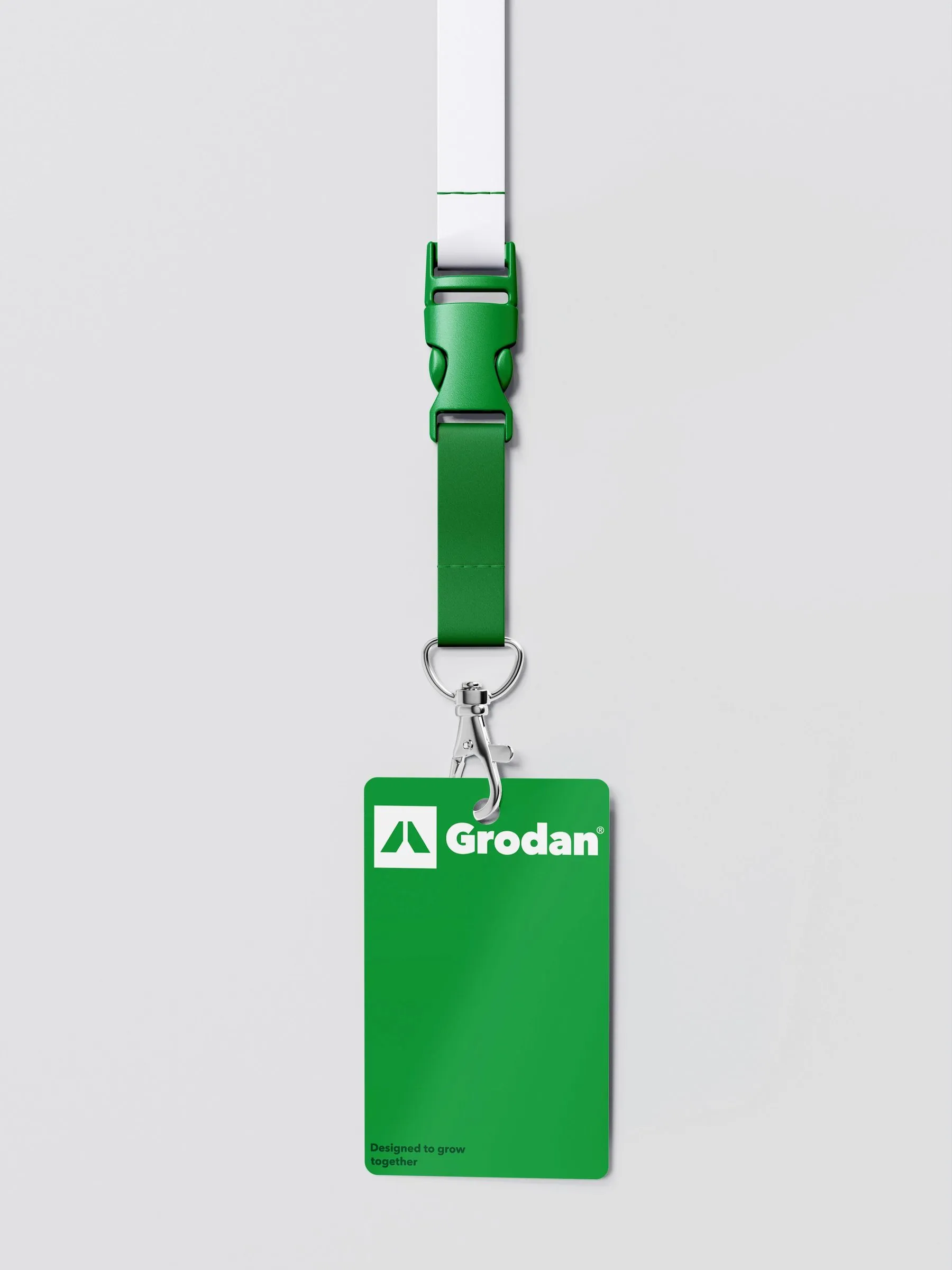 Naambadge aan een keycord met het logo van Grodan