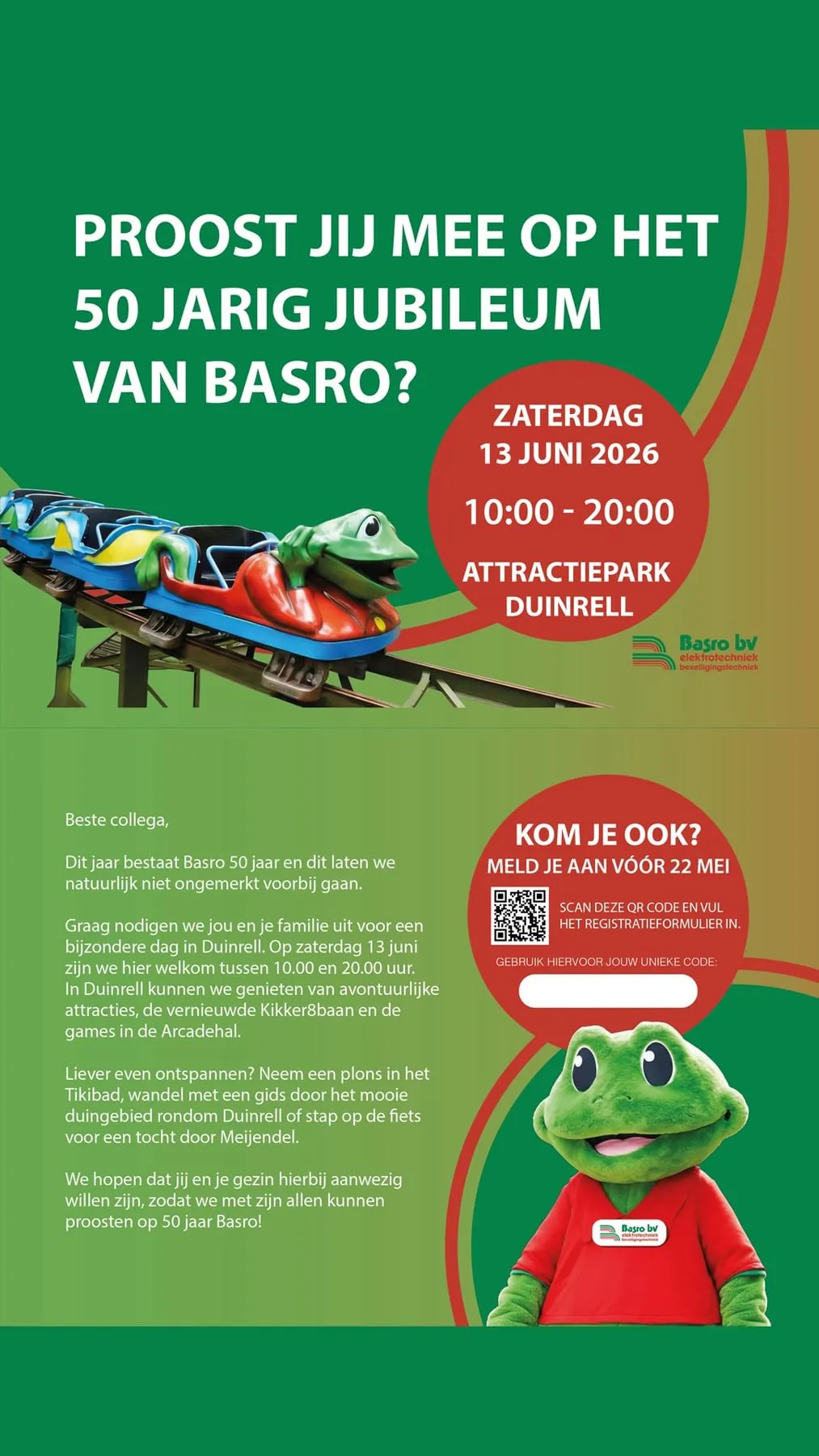 Uitnodiging voor het 50-jarig jubileum van Basro in Attractiepark Duinrell