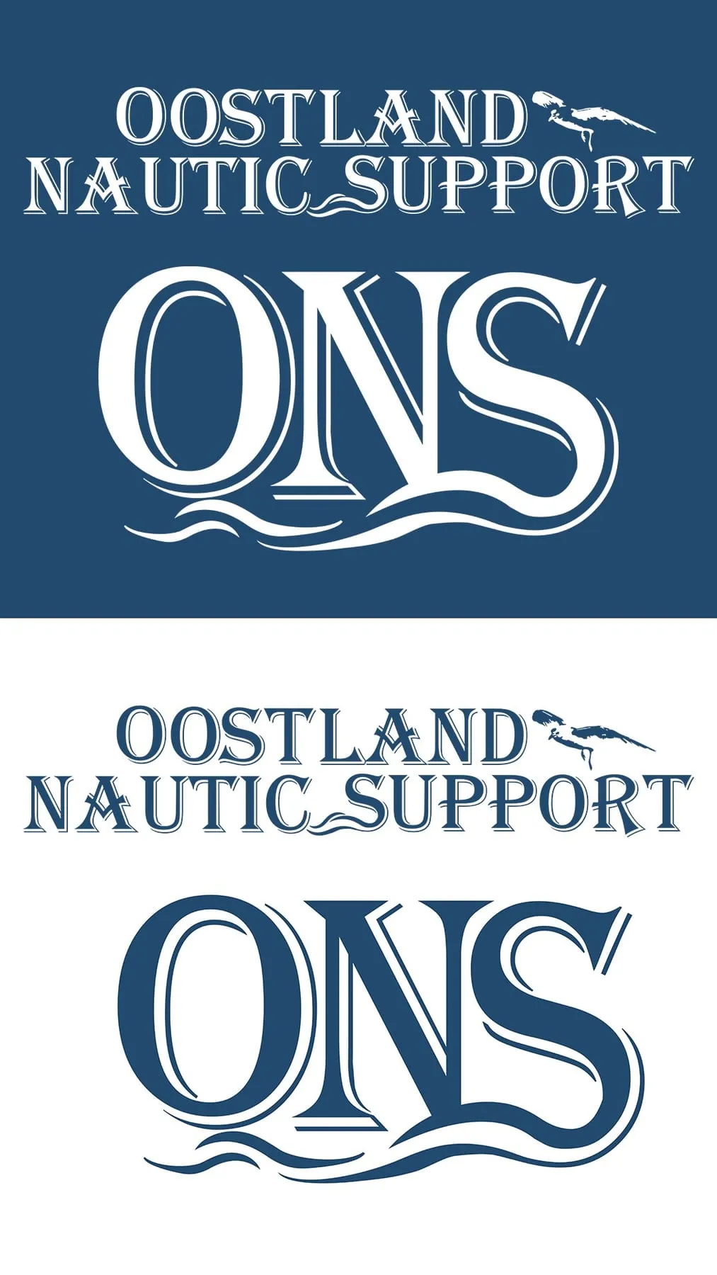Logo-ontwerp Oostland Nautic Support (ONS), op blauw en op wit