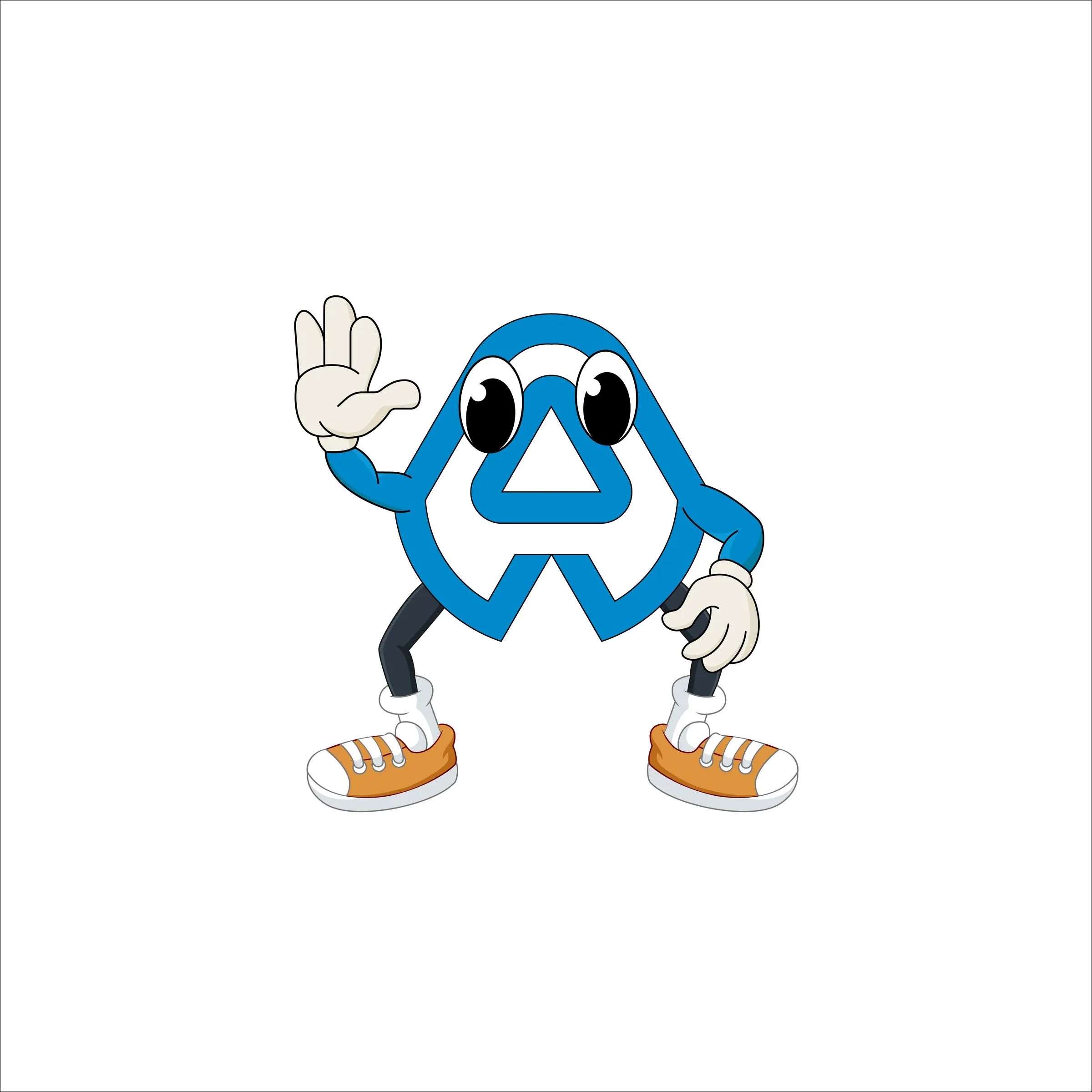 Zwaaiende mascotte in de vorm van het Nemag-logo