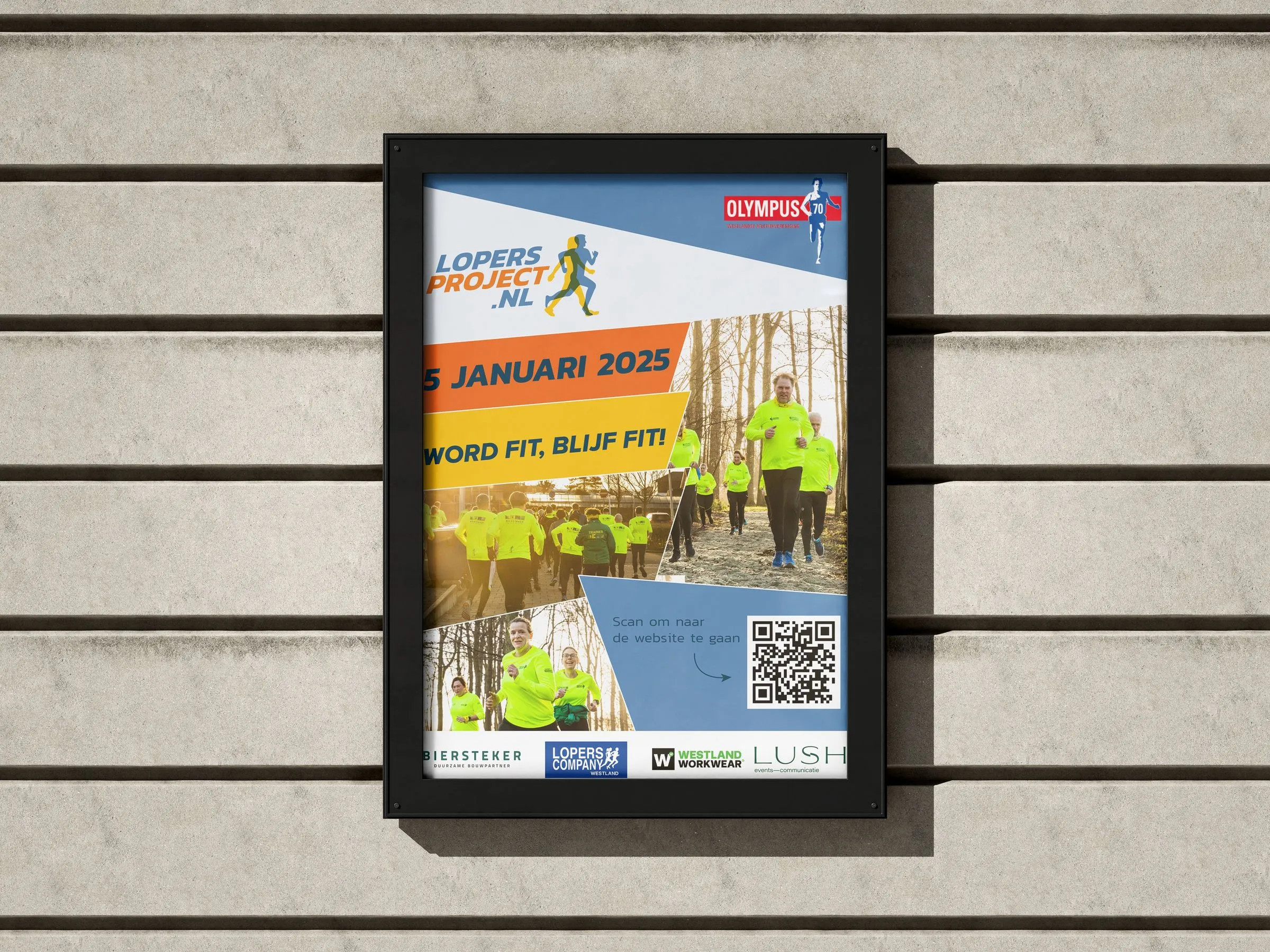 Poster voor Lopersproject.nl in een lijst aan de muur